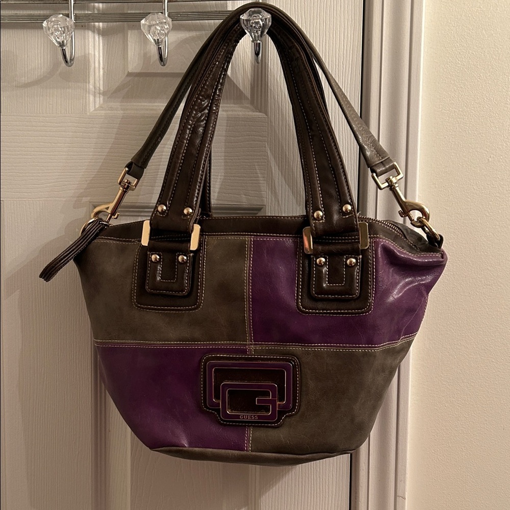 Guess Colorblock Leather Tote Bag in Purple Brown and Grey